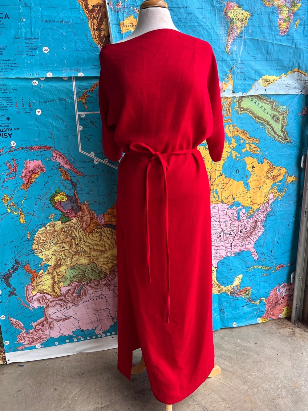 Zara Red Assymetrical Neck Line Maxi Dress with Self Tie Waist